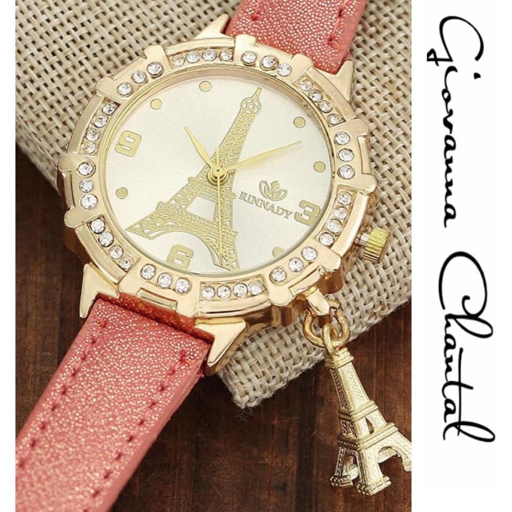 Fashion Tower Gold Watch W/ Tower Charm Pendant